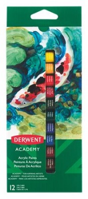 Akrilfesték, 12 ml, DERWENT "Academy", 12 különböző szín
